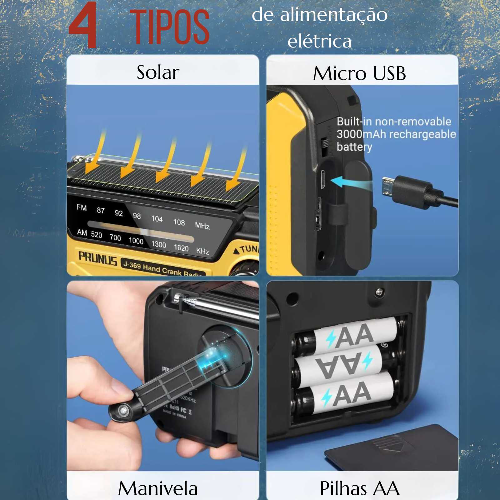 Rádio Portátil de Emergência AM/FM, Manivela, USB, Pilhas AA - Recarregável